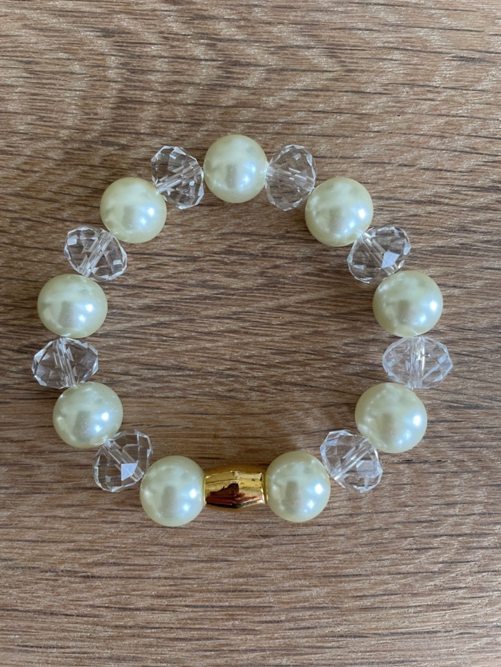 HAND CRAFTED FAUX PEARL & CLEAR CRYSTAL STRETCH BRACELET Cream Pearls Bridal - Picture 3 of 14